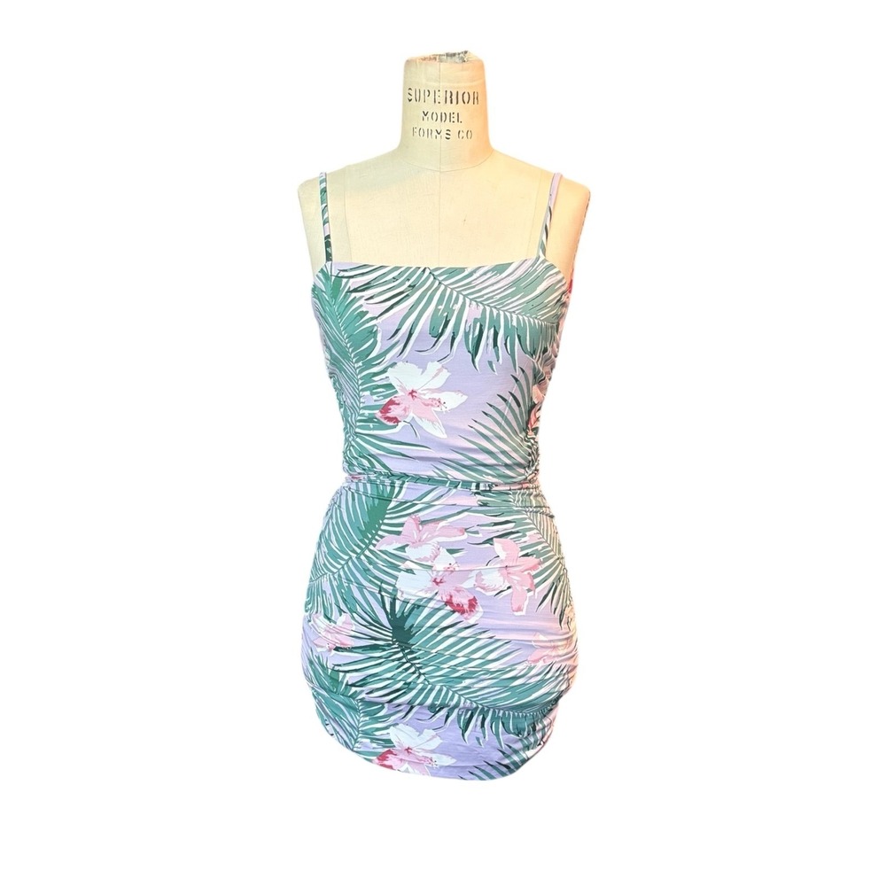 Tropical Green and Purple Lined rouched  bodycon stretchy mini dress Vacation XS